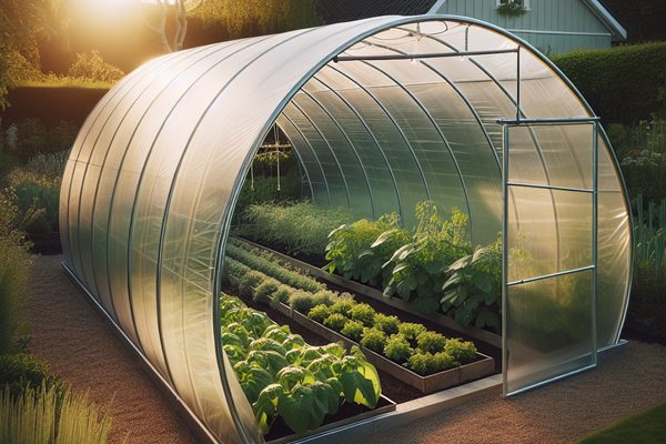 Hoop house greenhouse with curved frame and plastic covering