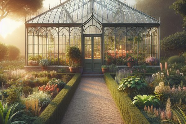 Freestanding glass greenhouse in garden